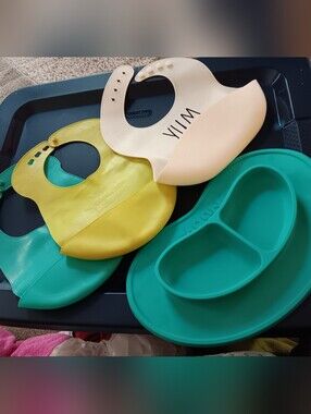 Unk Silicone Baby Bibs and Divided Plate - Yellow, Cream, Teal